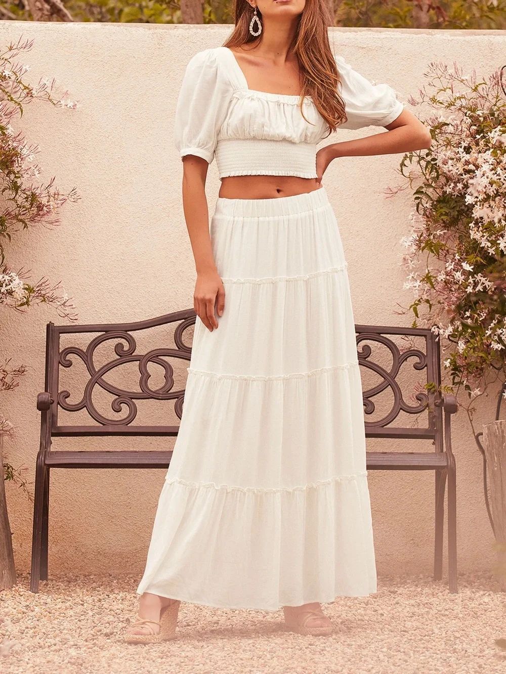NWT LULUS Sweeten the Moment White Tiered Two-Piece Maxi Dress L